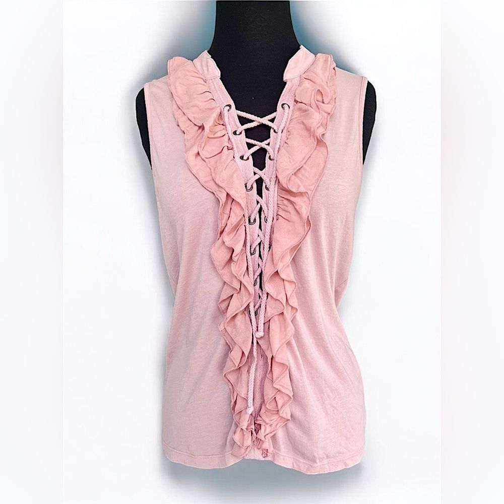 On The Road  Ruffled Pink Lace Up Sleeveless Top | Women’s M